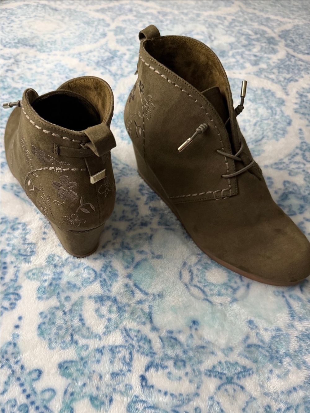 Olive Suede Slip-On Wedge Ankle Booties with Embroidered Heel